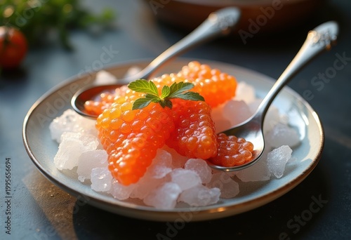 Exquisite Caviar Experience on Crushed Ice Garnished with Pearl Spoons in High-End Ambiance