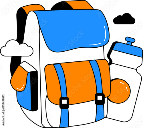 Tactical rucksack and water bottle for army field operations and survival missions vector illustration