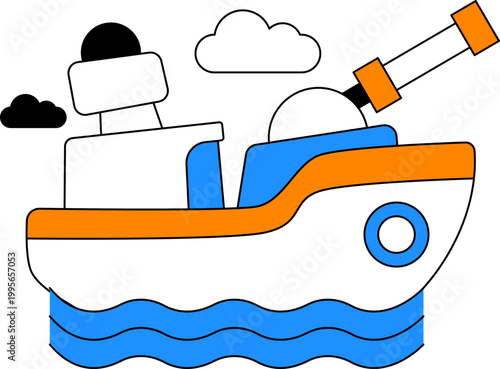 Warship with large cannon turret floating on sea water for maritime defense vector illustration