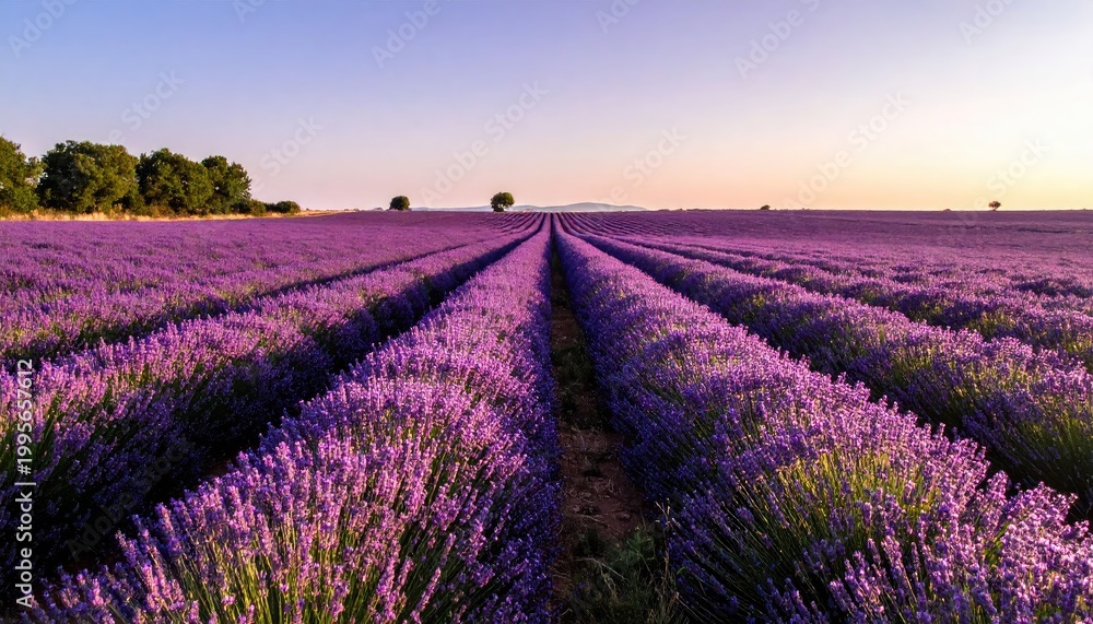 Fototapeta premium Vast Lavender Fields Blooming Under a Serene Evening Sky