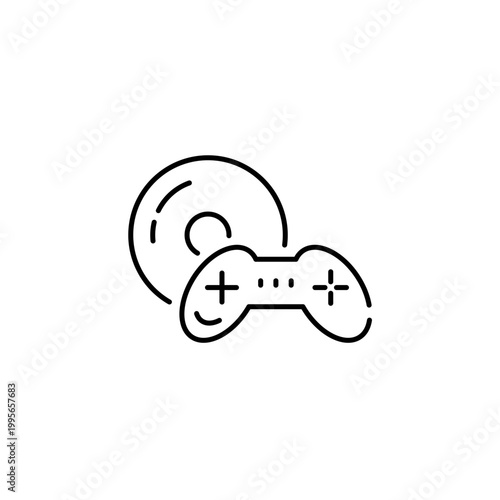 video game controller and a disc icon, concept of gaming entertainment, digital media, and video game industry. Transparent background Editable Stroke