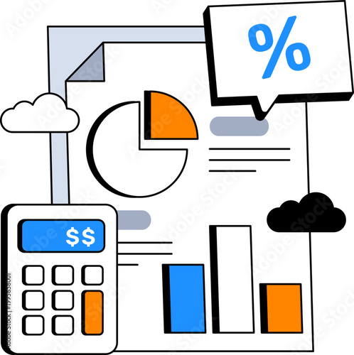 Calculator pie chart and bar graph for business financial report data analysis vector illustration