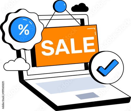 Laptop with sale sign and discount seal for e-commerce marketing and promotion vector illustration