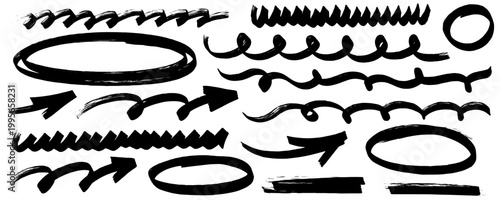 Playful hand style line art, highlight and marker appear twice, arrow points the way while pen, stroke and underline create movement.