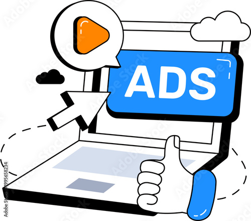 Laptop with digital ads play button and thumbs up for online marketing vector illustration
