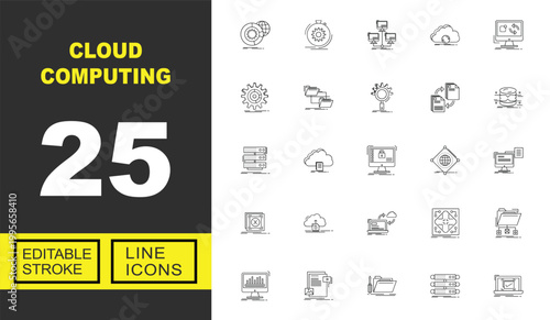 Cloud Computing line icon set. Vector pictograms of network, processing, connection, cloud, synchronization, gear, folder, search, transfer, database, server, storage, security. Editable stroke