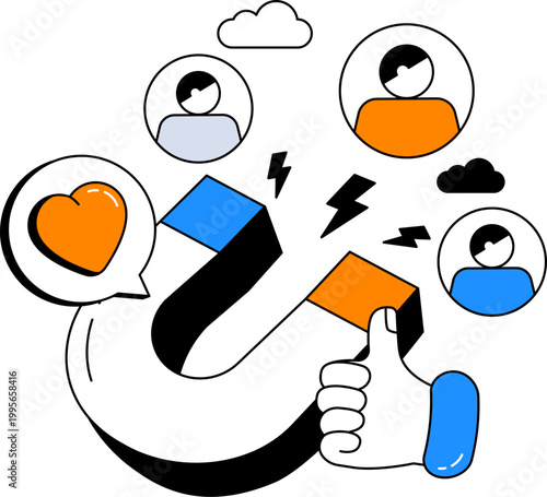 Magnet and heart with people for customer attraction and marketing strategy vector illustration