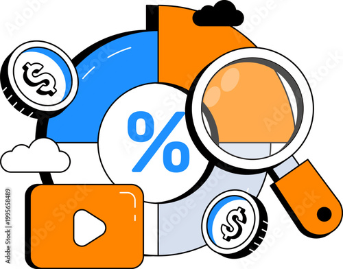 Magnifying glass with pie chart for digital marketing seo and video promotion vector illustration