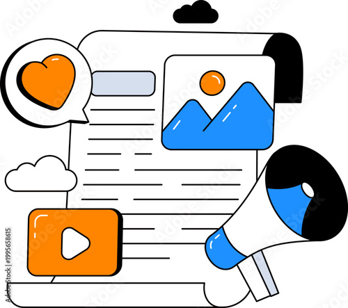 Megaphone document like heart bubble and video for digital content marketing vector illustration