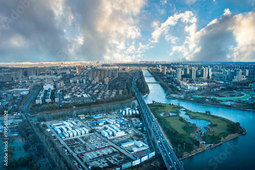 Aerial view of modern city development and ecological greenery along the Grand Canal in Tongzhou, Beijing, China