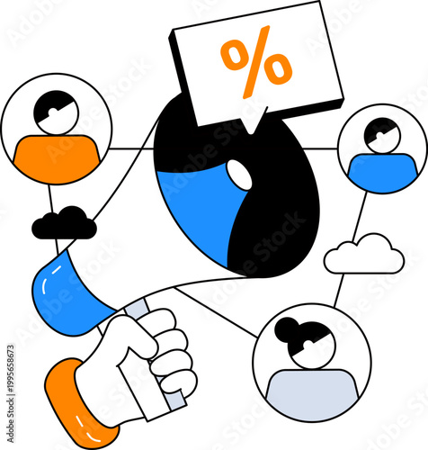 Megaphone hand holding discount sign and user icons for marketing brand reach vector illustration