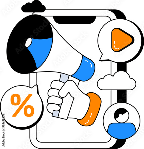 Megaphone smartphone hand and discount icons for mobile digital marketing strategy campaign vector illustration
