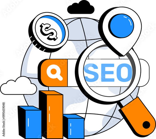 Search bar magnifying glass bar chart globe and dollar coin for SEO vector illustration