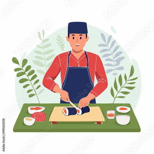 Sushi Chef Preparing Rolls
