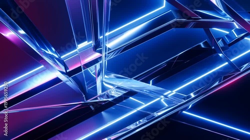Futuristic Blue Neon Glass Abstract With Reflective Light Beams And Digital Technology Aesthetic