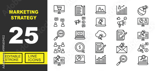 Marketing strategy line icon set. Vector pictograms of Monitor, Content, Webinar, Growth, Global, Discussion, Promotion, Advertising, Megaphone, Analytics, Magnifier, Coding. Editable stroke.