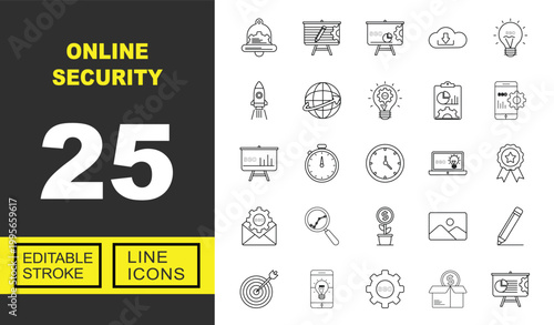 Online Security line icon set. Vector pictograms of alert, whiteboard, presentation, download, idea, rocket, global, innovation, clipboard, smartphone, chart, stopwatch, clock, laptop. Editable stroke
