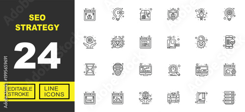 SEO strategy line icon set. Vector pictograms of Bug, Idea, Package, Protection, Expert, Innovation, Service, Quality, Web, Shopping, Localization, Mobile, Hourglass, Optimization. Editable stroke.