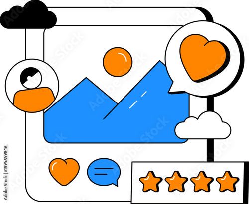 Social media photo frame with heart likes and stars for engagement marketing vector illustration