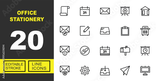 Office stationery line icon set. Vector pictograms of Scroll, Calendar, Envelope, Presentation, House, Composition, Edit, Inbox, Clipboard, Dropbox, Warning, Clip, Date, Mailbox. Editable stroke.