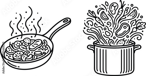 Cooking pan pot food preparation icon illustration, steaming ingredients artwork design, culinary motif concept symbol graphic, black white professional representation