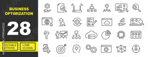 Business Optimization line icon set. Vector pictograms of management, report, router, candidates, brainstorming, monitor, auditing, networking, development, synchronization, checklist. Editable stroke