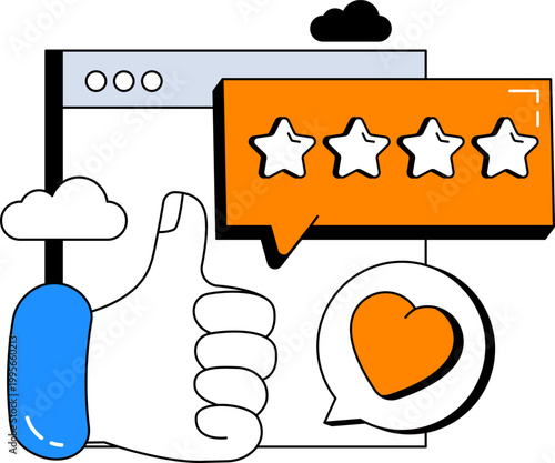 Thumbs up with rating stars and heart icon for online customer feedback vector illustration