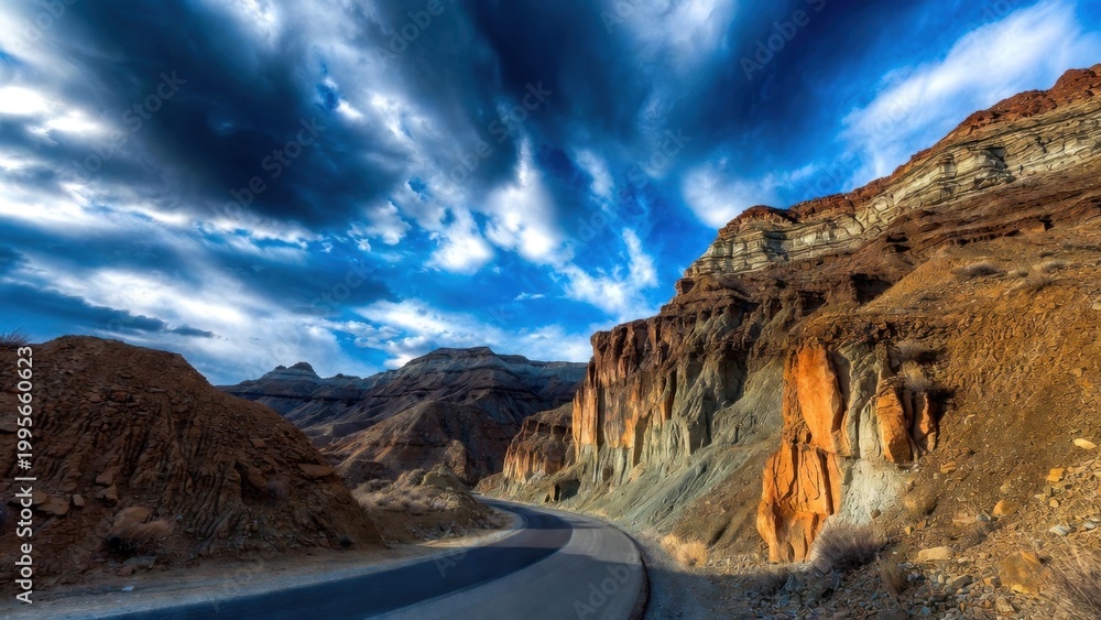 Obraz premium Paved road curving through layered canyon under dramatic sky