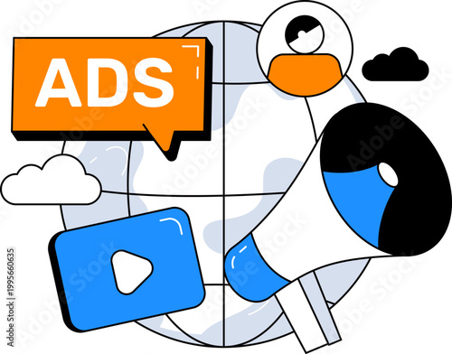 Ads speech bubble megaphone and video play icon for global digital marketing vector illustration