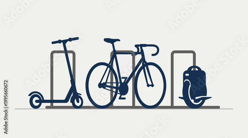 Minimalist Vector Illustration of Modern Micro Mobility Vehicles Including Electric Scooter Bicycle and Unicycle at Urban Transport Parking Rack