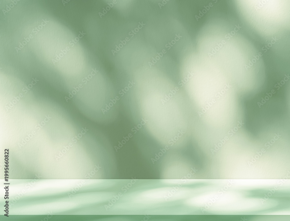 Fototapeta premium Green background, Soft gradient shadows, light on textured wall and floor, Minimal studio backdrop, Copy space for product display, Modern interior design, Natural aesthetic for Summer,Spring banner