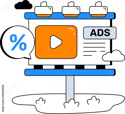Billboard with video player and percentage sign for digital marketing promotion vector illustration