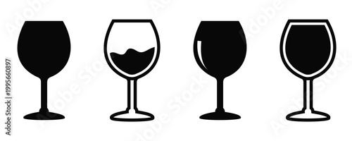 Wine Glass Icon Set Vector with Different Fill Levels, Elegant Drinkware Silhouettes for Beverage Menu, 
Bar and Celebration Design
