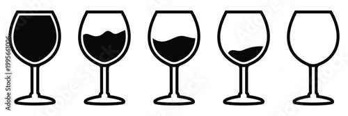 Wine Glass Icon Set Vector with Different Fill Levels, Elegant Drinkware Silhouettes for Beverage Menu, 
Bar and Celebration Design