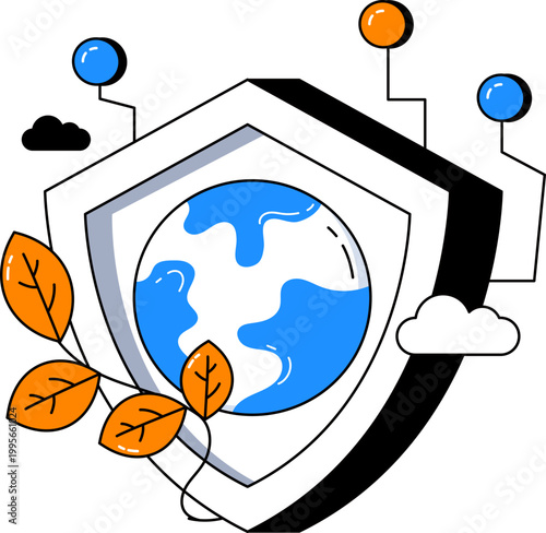 Earth globe security shield and plant leaves for global environmental protection technology vector illustration