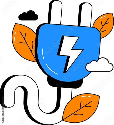 Electric plug and leaves representing sustainable renewable green energy for eco technology vector illustration