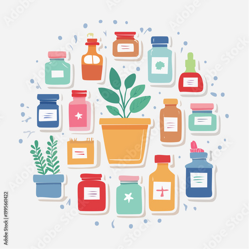 Herbal remedies and plants in bottles