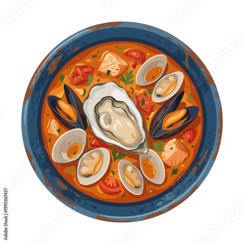 Illustrated seafood stew with clams, mussels, and oyster in tomato broth.