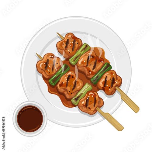 Top view of grilled chicken skewers with scallions and dipping sauce vector illustration.