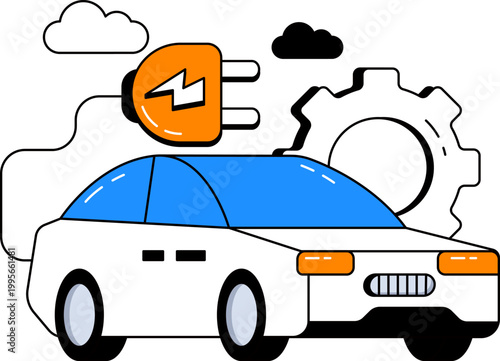 Electric vehicle with charging plug and gear for sustainable engineering and transportation vector illustration