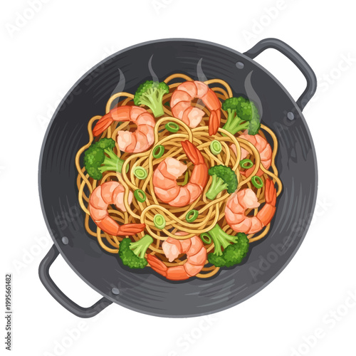 Top view of a wok with shrimp noodles and broccoli illustration.