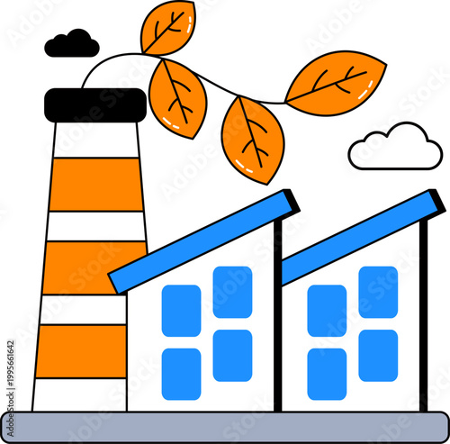 Factory building with plant branch growing from chimney for sustainable industry vector illustration