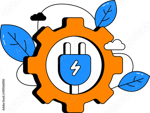 Gear electric plug and leaves representing sustainable engineering and renewable technology vector illustration