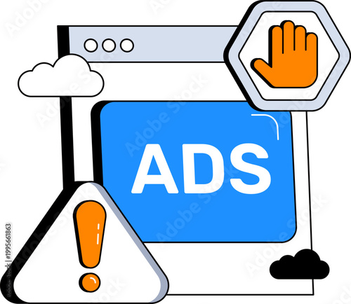 Browser window with ads text stop hand and warning triangle for digital marketing vector illustration