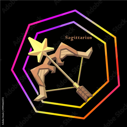 Low poly Sagitarius zodiac icon in neon hexagon frame. Perfect for astrologers, app designers, and merch creators for horoscope apps, t-shirts, and stickers.