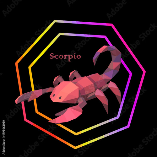 Low poly Scorpio zodiac icon in neon hexagon frame. Perfect for astrologers, app designers, and merch creators for horoscope apps, t-shirts, and stickers.