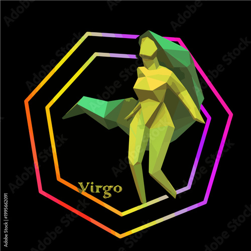 Low poly Virgo zodiac icon in neon hexagon frame. Perfect for astrologers, app designers, and merch creators for horoscope apps, t-shirts, and stickers.