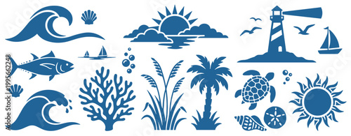 Ocean Summer Silhouette Collection: Nautical Waves, Palm Tree, Sea Turtle, Coral Reef, and Lighthouse Icons in Minimalist Blue Vector Style