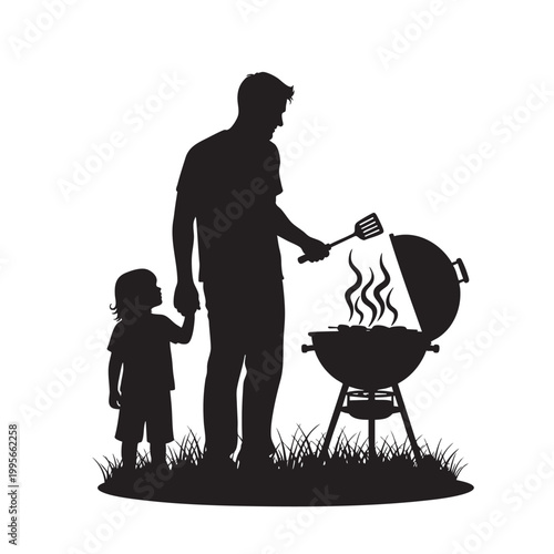 Silhouette of a man and a child standing next to a barbecue grill on a sunny day