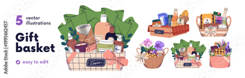 Gift baskets, holiday presents set. Food, sweets and cosmetics kits. Snacks, wine, beauty products, confectionery in wood box, wicker, hamper. Flat vector illustration isolated on white background
